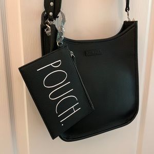 Rae Dunn Black Boho Leather Bag with Embroidered Crossbody Strap